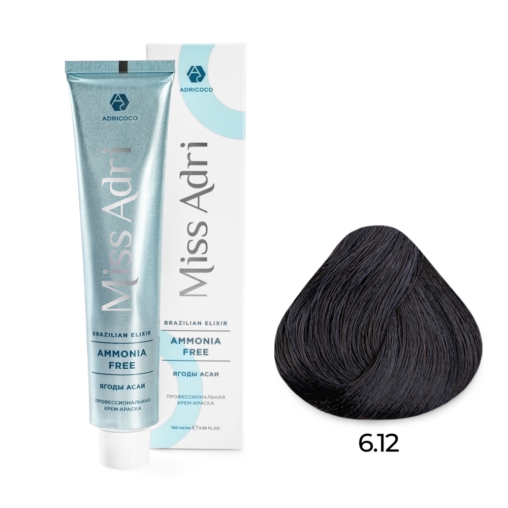 ADRICOCO, Безаммиачная крем-краска для волос Miss Adri Brazilian Elixir Ammonia Free 6.12, 100 мл.