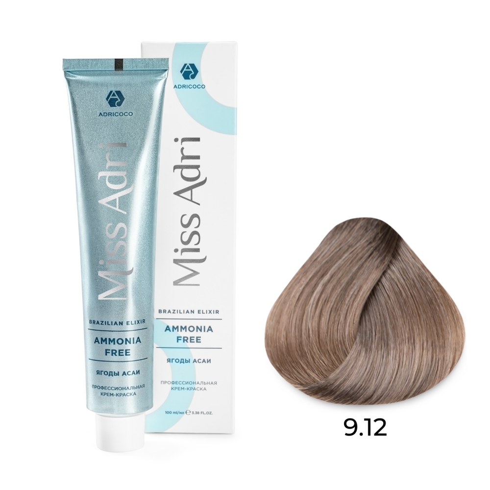 ADRICOCO, Безаммиачная крем-краска для волос Miss Adri Brazilian Elixir Ammonia Free 9.12, 100 мл.