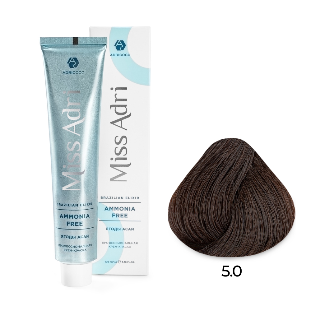 ADRICOCO, Безаммиачная крем-краска для волос Miss Adri Brazilian Elixir Ammonia Free 5.0, 100 мл.