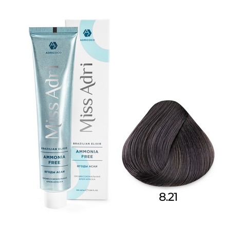 ADRICOCO, Безаммиачная крем-краска для волос Miss Adri Brazilian Elixir Ammonia Free 8.21, 100 мл.