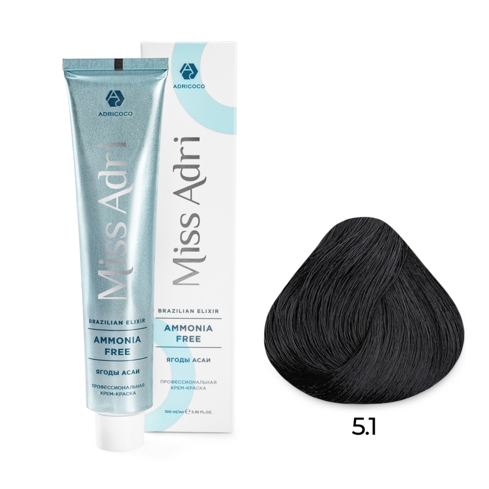 ADRICOCO, Безаммиачная крем-краска для волос Miss Adri Brazilian Elixir Ammonia Free 5.1, 100 мл.
