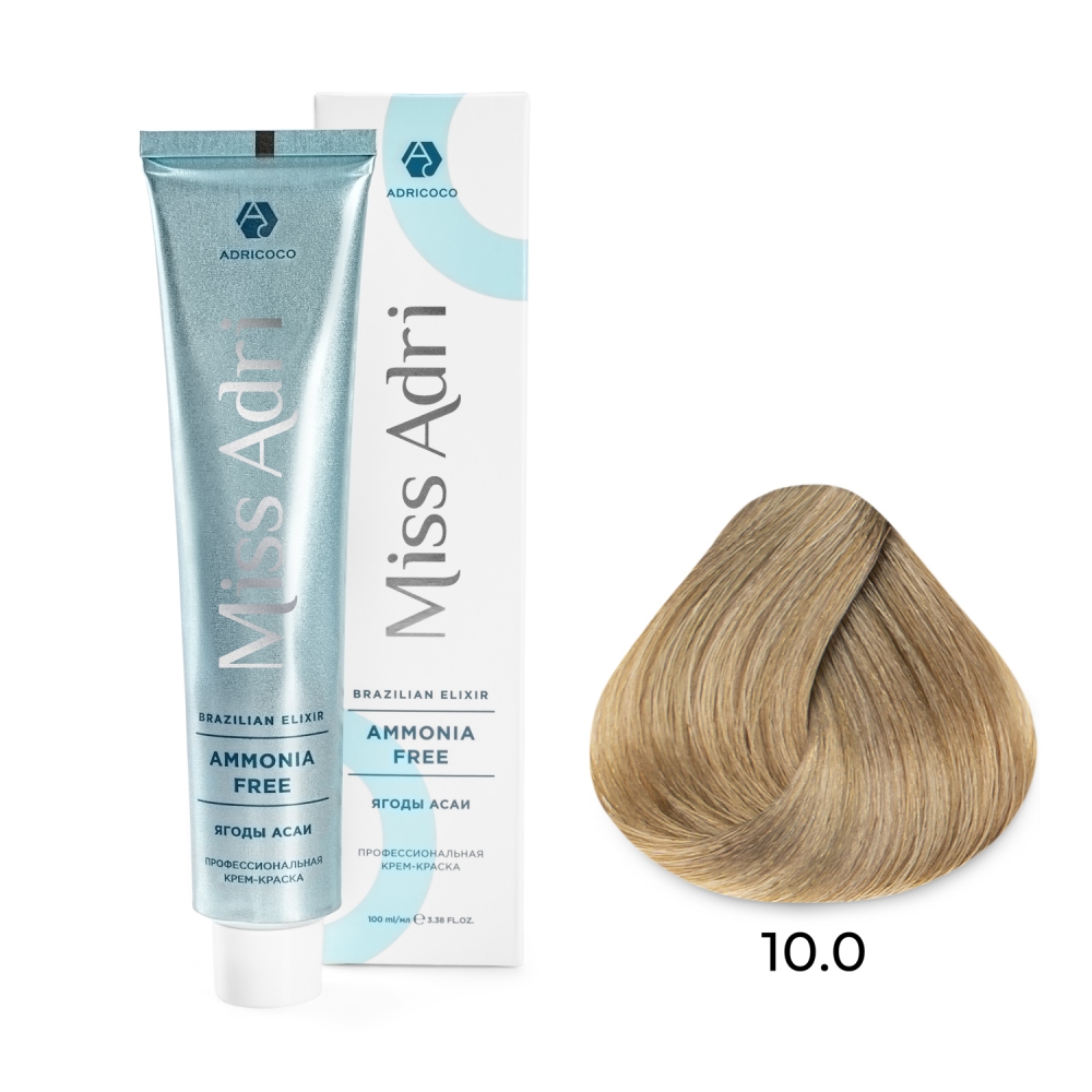ADRICOCO, Безаммиачная крем-краска для волос Miss Adri Brazilian Elixir Ammonia Free 10.0, 100 мл.