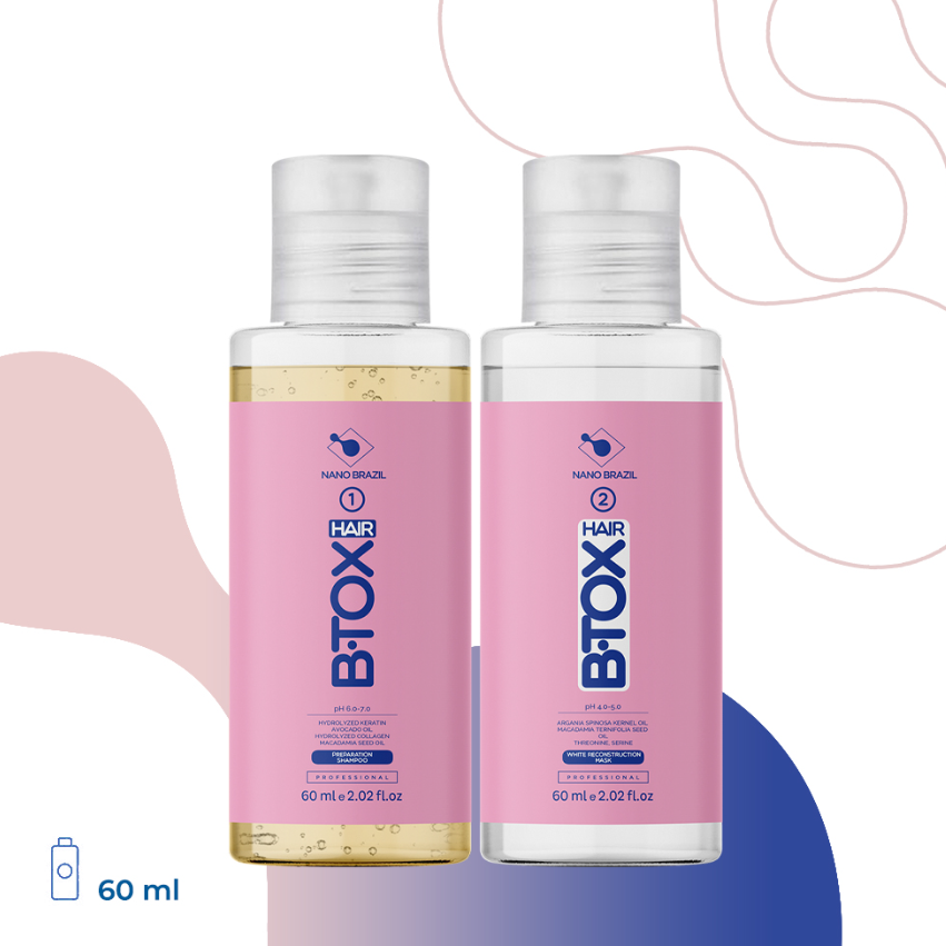 NANO BRAZIL, Набор для волос HAIR BTOX White (шаг 1 + шаг 2), 2х60 мл.