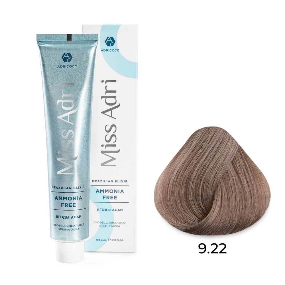 ADRICOCO, Безаммиачная крем-краска для волос Miss Adri Brazilian Elixir Ammonia Free 9.22, 100 мл.