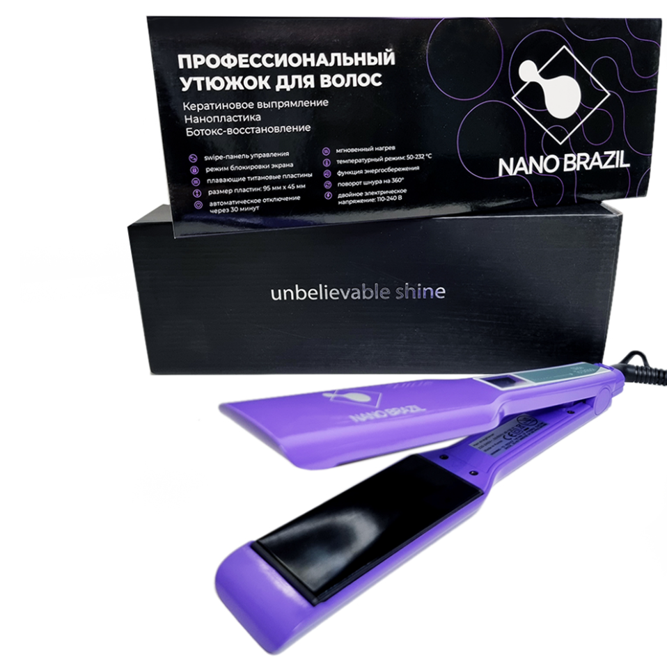 NANO BRAZIL, Утюжок сенсорный широкий touch screen, фиолетовый, титан, 95x45 мм.