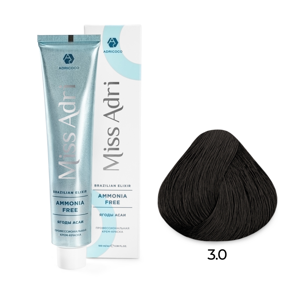 ADRICOCO, Безаммиачная крем-краска для волос Miss Adri Brazilian Elixir Ammonia Free 3.0, 100 мл.