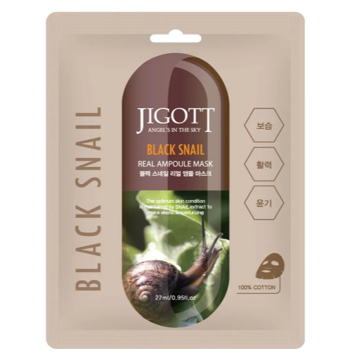 JIGOTT, Тканевая маска для лица с муцином улитки Black Snail Real Ampoule Mask, 1 шт.