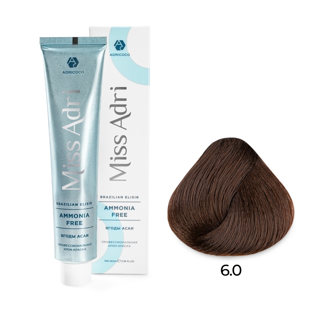ADRICOCO, Безаммиачная крем-краска для волос Miss Adri Brazilian Elixir Ammonia Free 6.0, 100 мл.