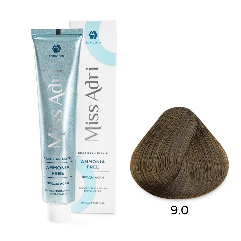 ADRICOCO, Безаммиачная крем-краска для волос Miss Adri Brazilian Elixir Ammonia Free 9.0, 100 мл.