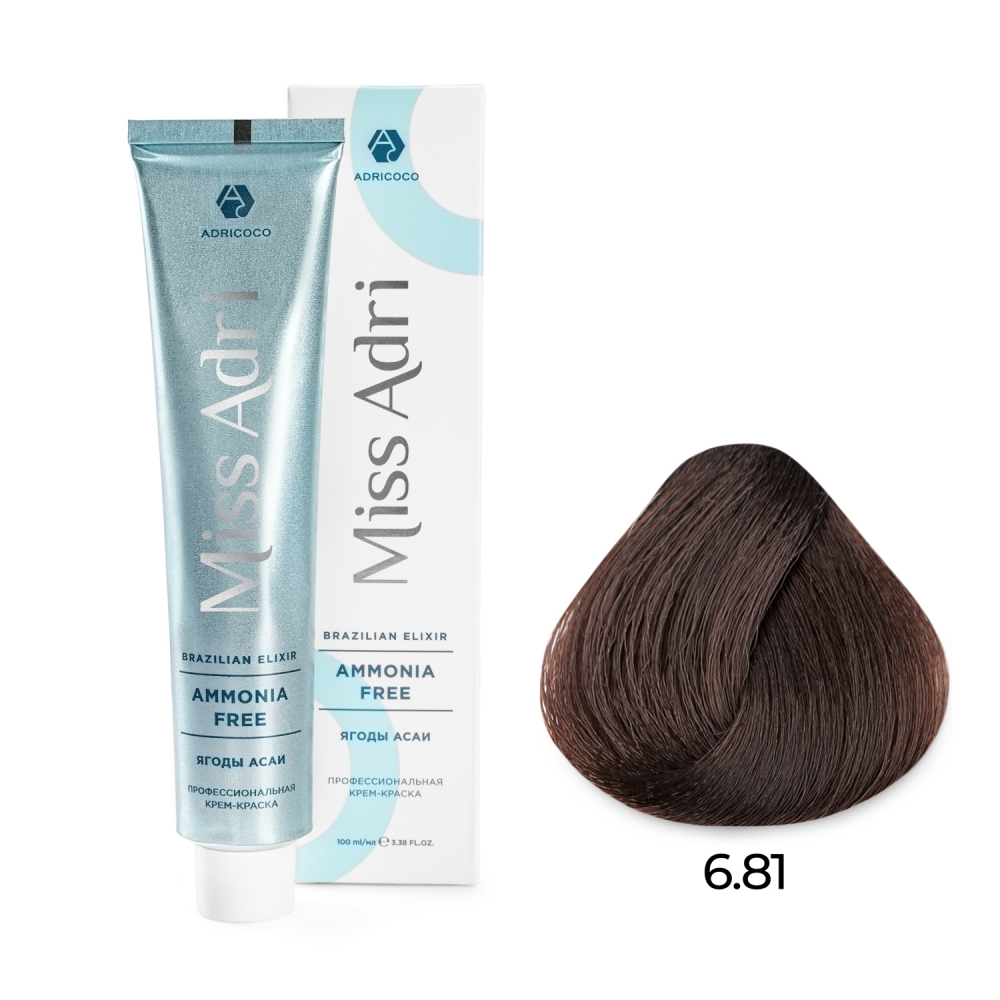 ADRICOCO, Безаммиачная крем-краска для волос Miss Adri Brazilian Elixir Ammonia Free 6.81, 100 мл.