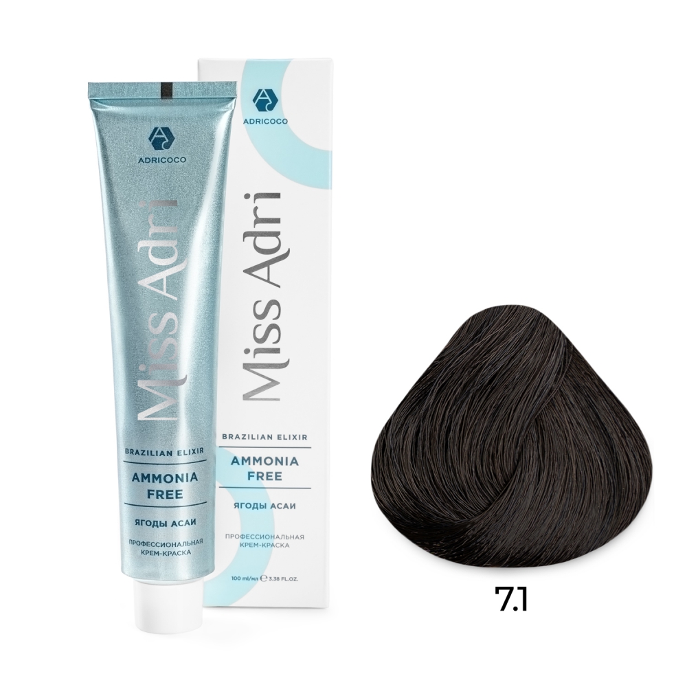 ADRICOCO, Безаммиачная крем-краска для волос Miss Adri Brazilian Elixir Ammonia Free 7.1, 100 мл.