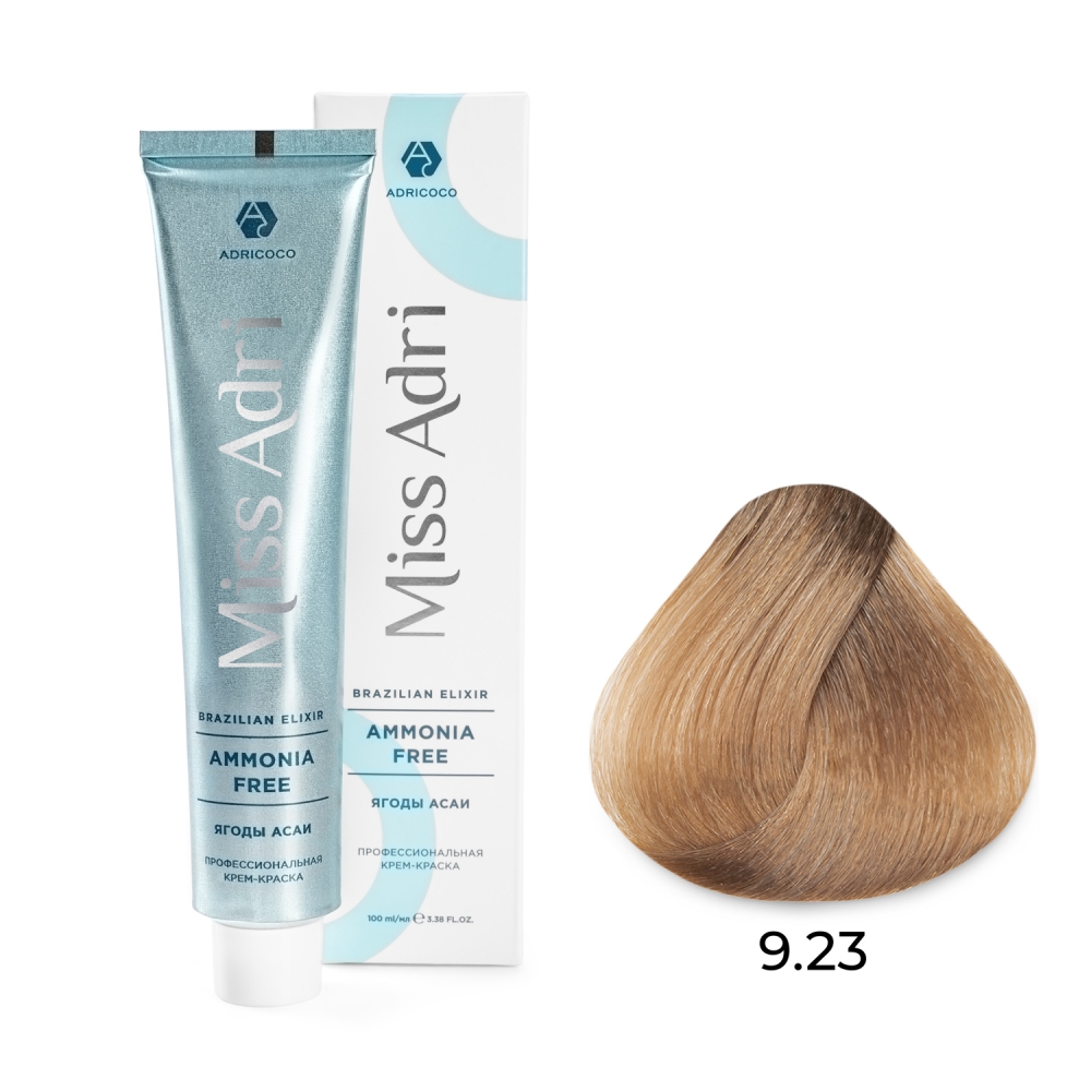 ADRICOCO, Безаммиачная крем-краска для волос Miss Adri Brazilian Elixir Ammonia Free 9.23, 100 мл.
