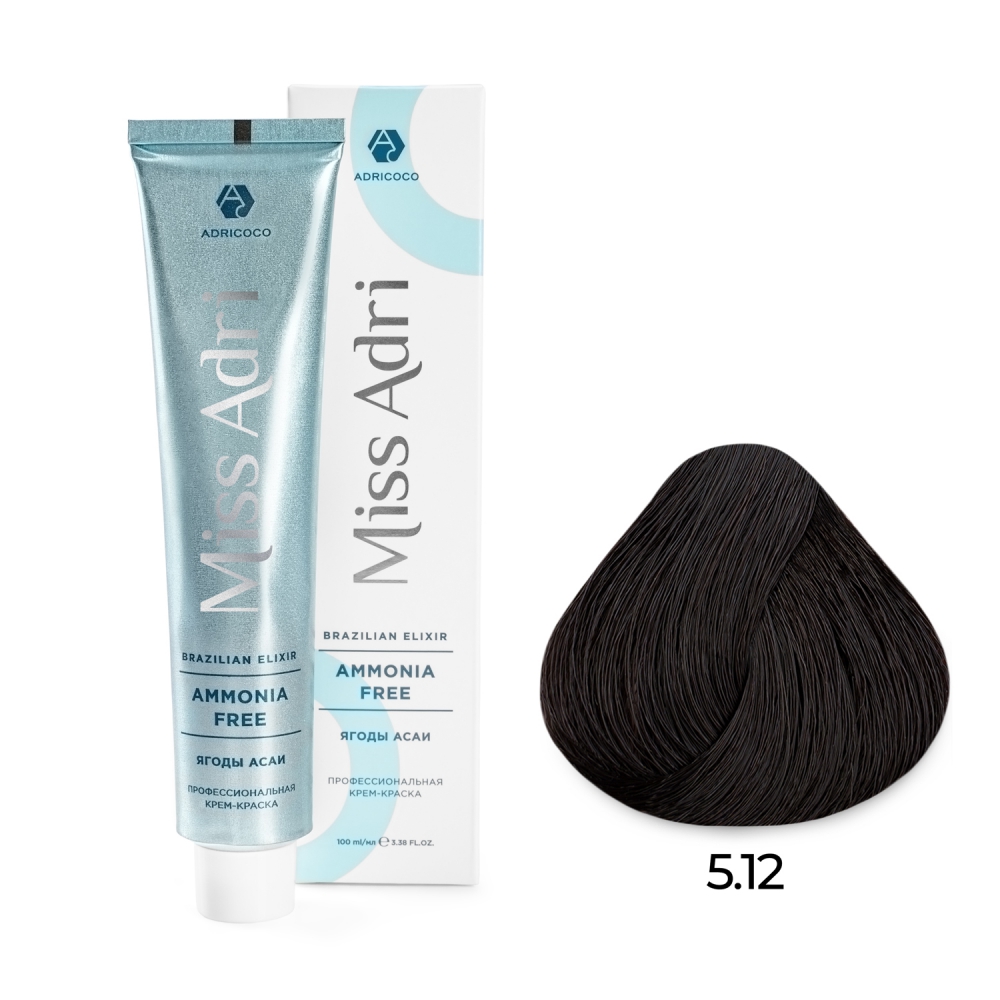 ADRICOCO, Безаммиачная крем-краска для волос Miss Adri Brazilian Elixir Ammonia Free 5.12, 100 мл.