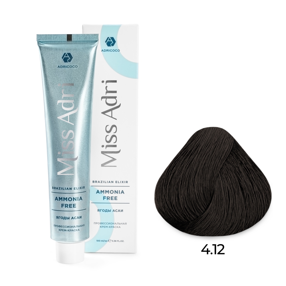 ADRICOCO, Безаммиачная крем-краска для волос Miss Adri Brazilian Elixir Ammonia Free 4.12, 100 мл.