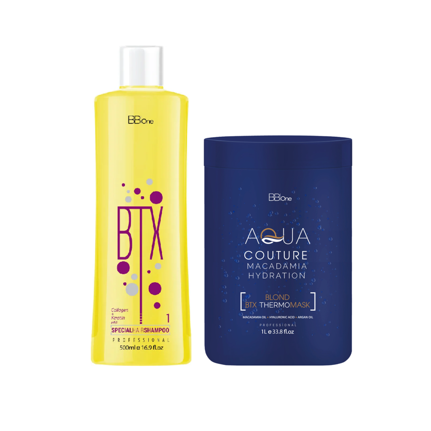 BB ONE, Набор ботокс для волос MACADAMIA BLOND HYDRATION ВТХ (шаг 1 BTX Special Hair Shampoo + шаг 2), 500 мл. + 1000 мл.