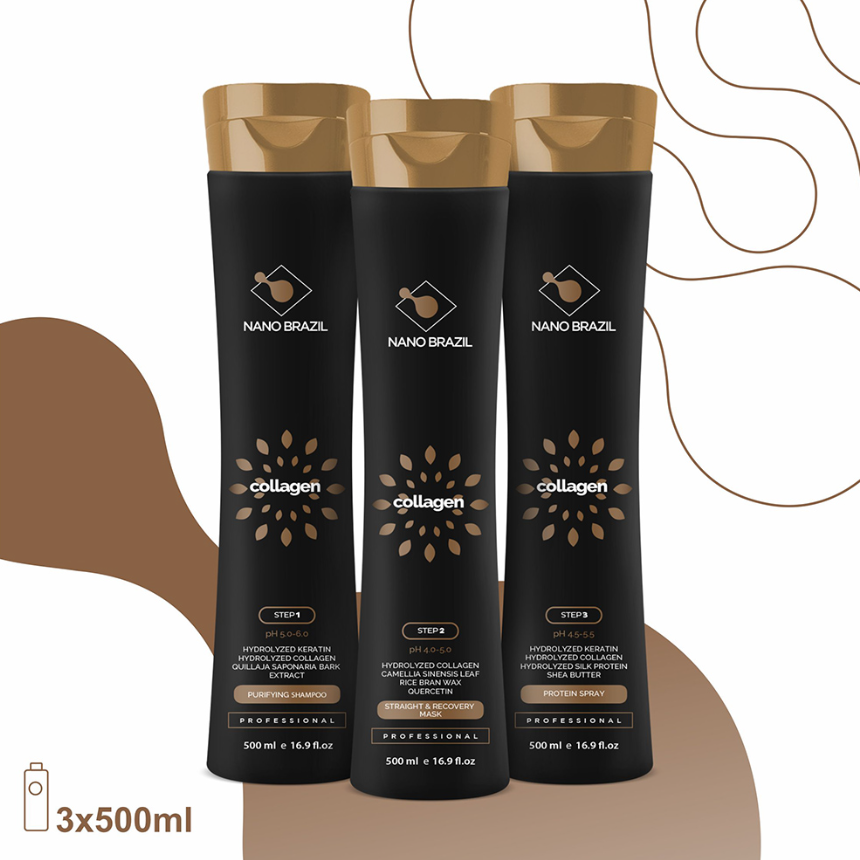 NANO BRAZIL, Набор для волос COLLAGEN (шаг 1 + шаг 2 + шаг 3), 3х500 мл.