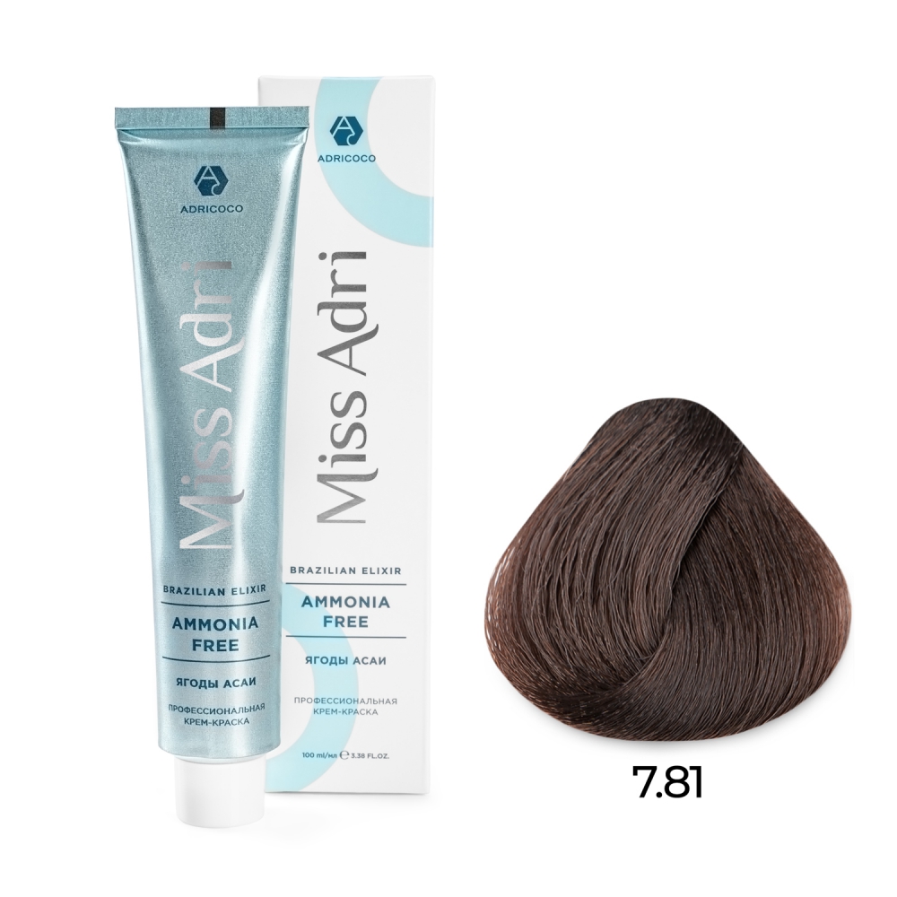 ADRICOCO, Безаммиачная крем-краска для волос Miss Adri Brazilian Elixir Ammonia Free 7.81, 100 мл.
