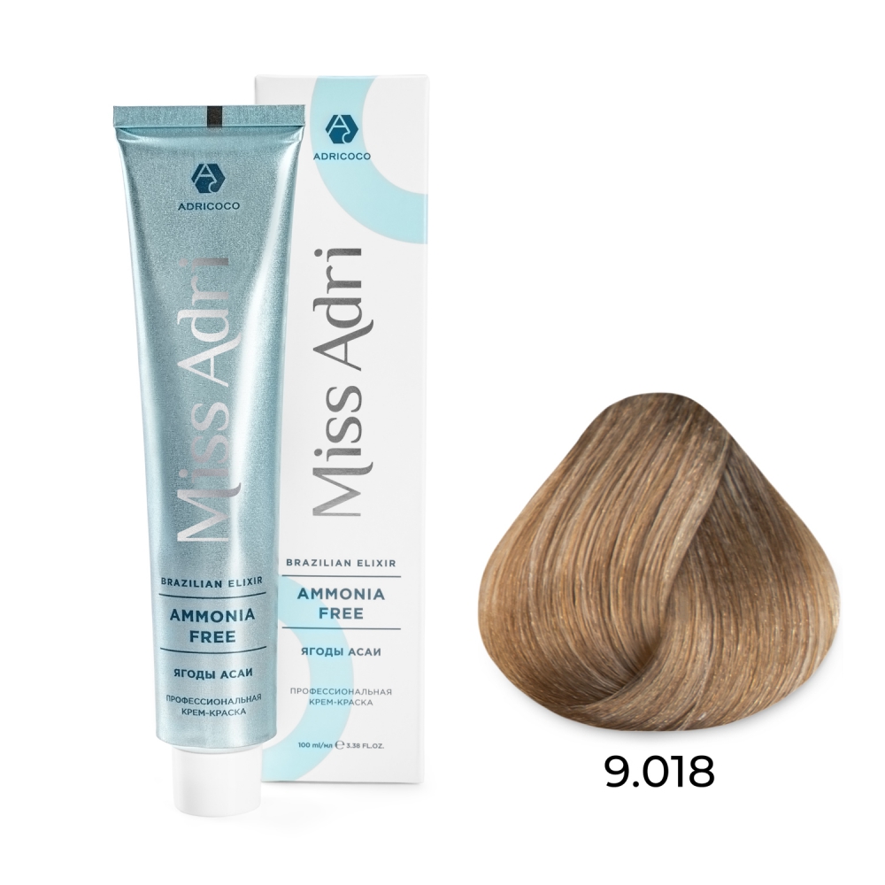 ADRICOCO, Безаммиачная крем-краска для волос Miss Adri Brazilian Elixir Ammonia Free 9.018, 100 мл.
