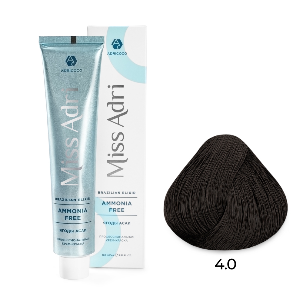 ADRICOCO, Безаммиачная крем-краска для волос Miss Adri Brazilian Elixir Ammonia Free 4.0, 100 мл.