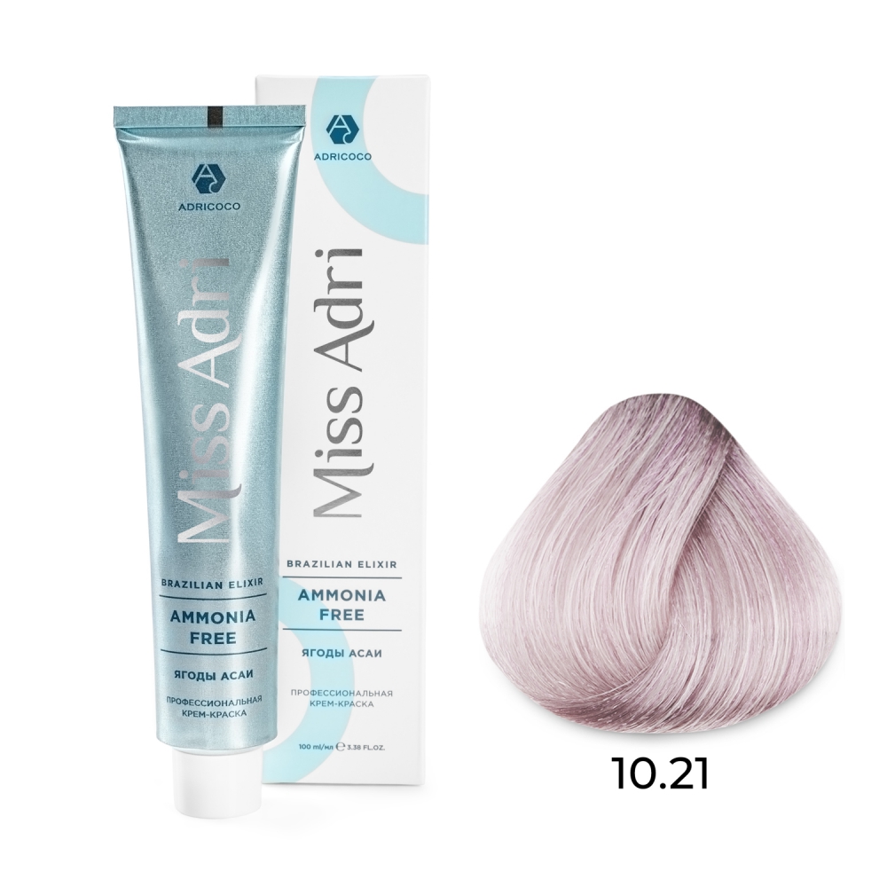 ADRICOCO, Безаммиачная крем-краска для волос Miss Adri Brazilian Elixir Ammonia Free 10.21, 100 мл.