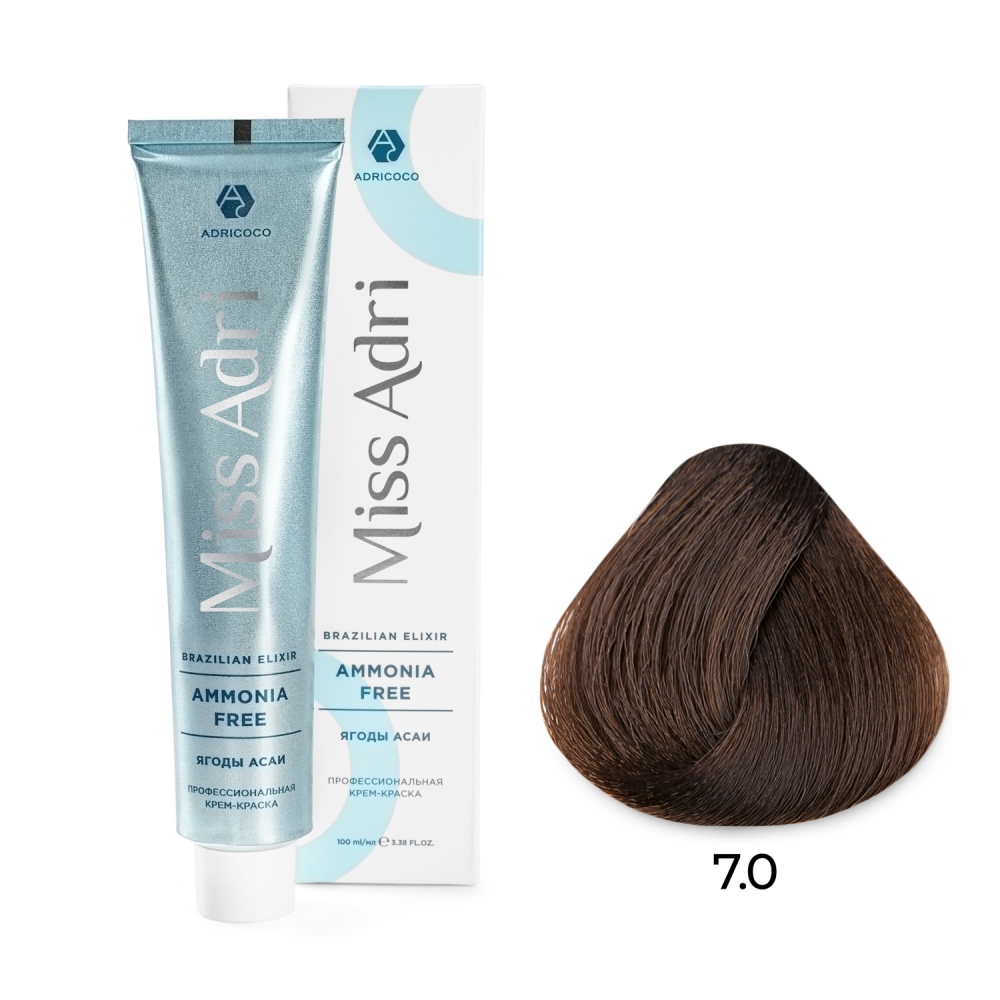 ADRICOCO, Безаммиачная крем-краска для волос Miss Adri Brazilian Elixir Ammonia Free 7.0, 100 мл.