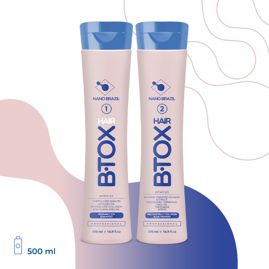 NANO BRAZIL, Набор для волос HAIR BTOX Blue (шаг 1 + шаг 2), 2х500 мл.