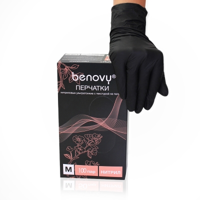 BENOVY, Перчатки нитриловые неопудренные чёрные, размер M, 3.5 г., 50 пар.