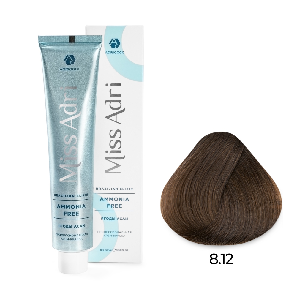 ADRICOCO, Безаммиачная крем-краска для волос Miss Adri Brazilian Elixir Ammonia Free 8.12, 100 мл.