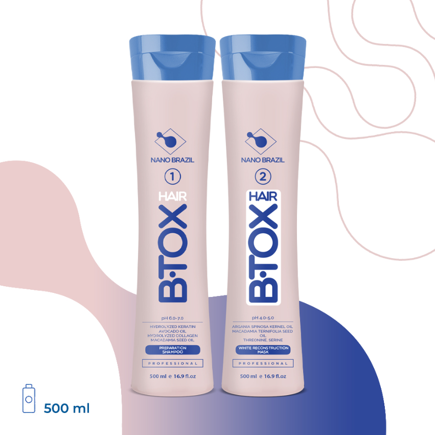 NANO BRAZIL, Набор для волос HAIR BTOX White (шаг 1 + шаг 2), 2х500 мл.